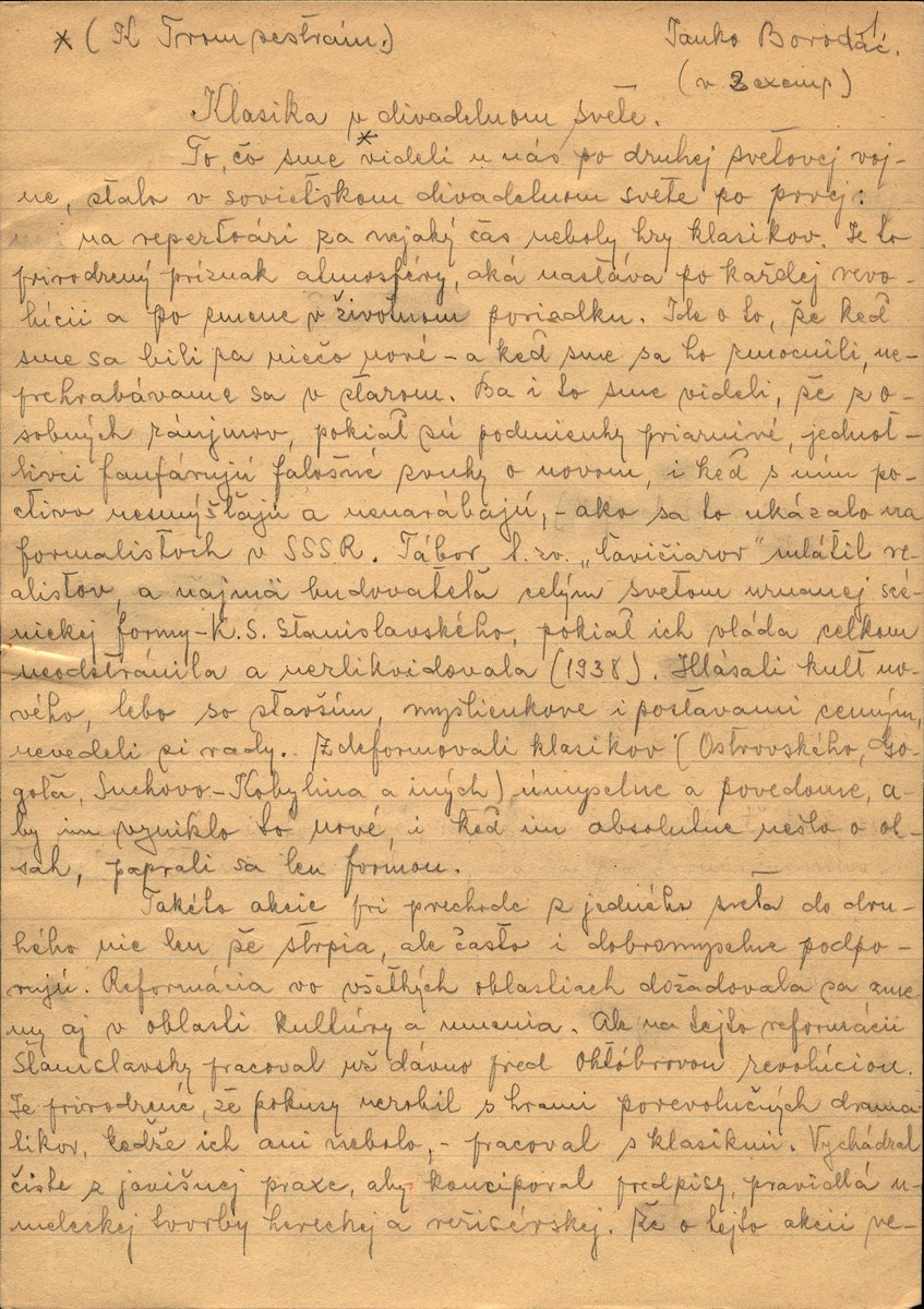 Rukopis článku Klasika v divadelnom svete – Anton Pavlovič Čechov: Tri sestry (25. 1. 1952), Národné divadlo v Košiciach, réžia Janko Borodáč